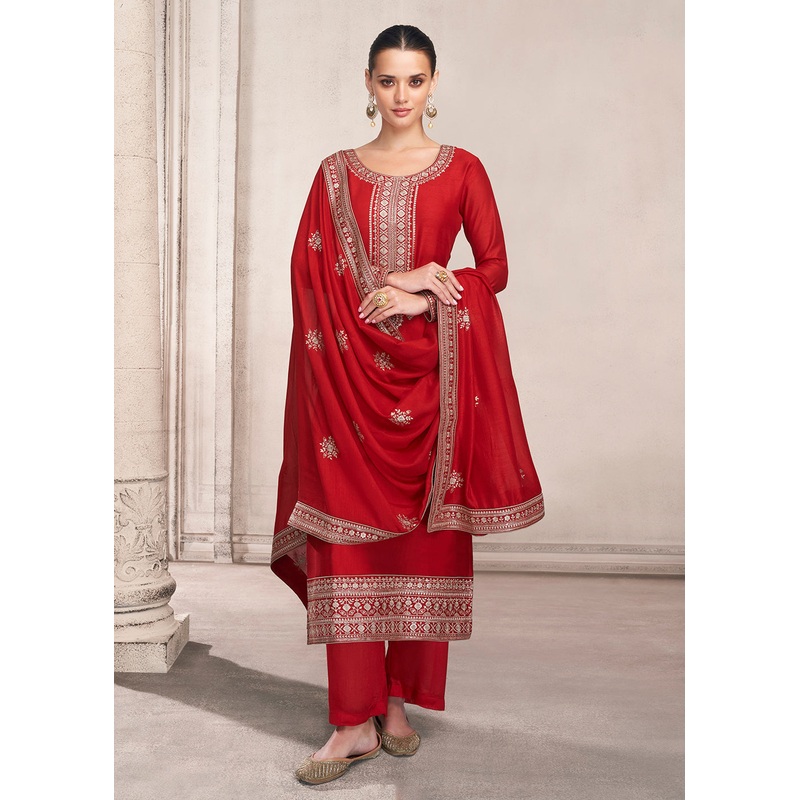 Straight Cut Bright Red Silk Festive Salwar Kameez
