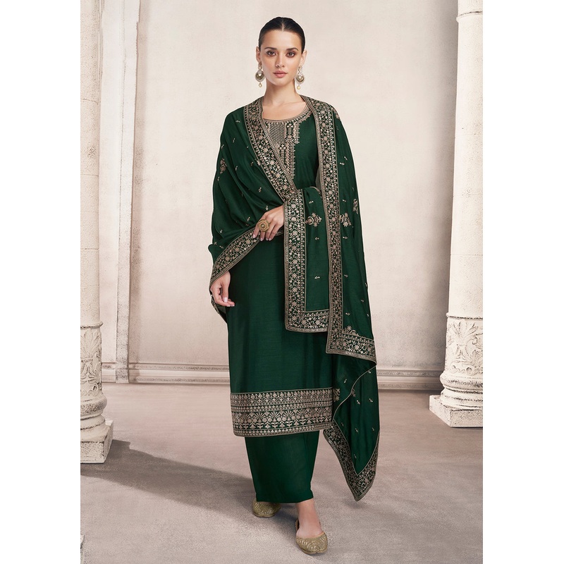 Straight Cut Dark Green Silk Festive Salwar Kameez