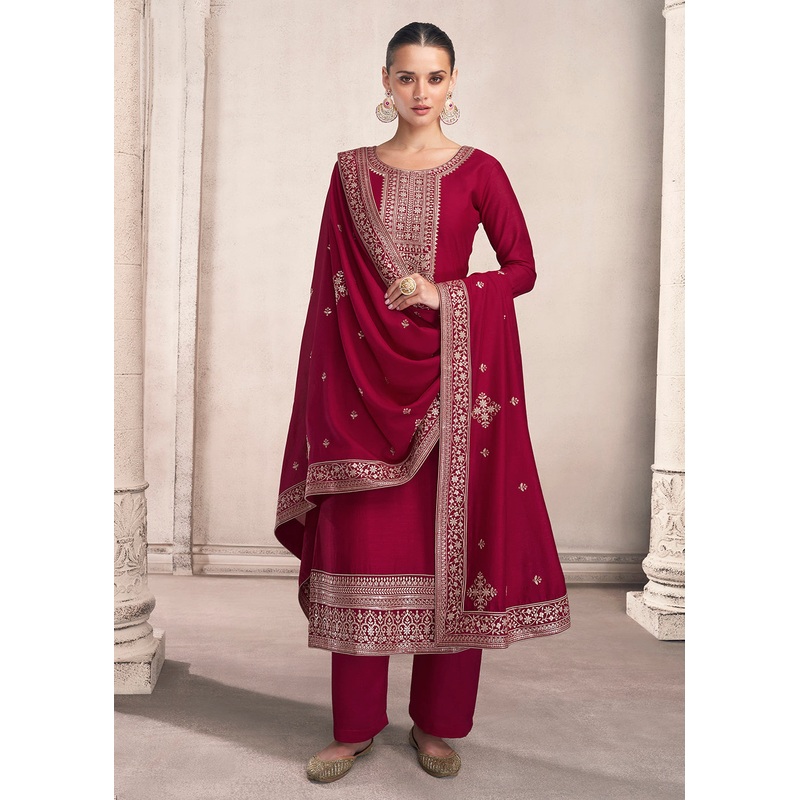 Straight Cut Magenta Pink Silk Festive Salwar Kameez