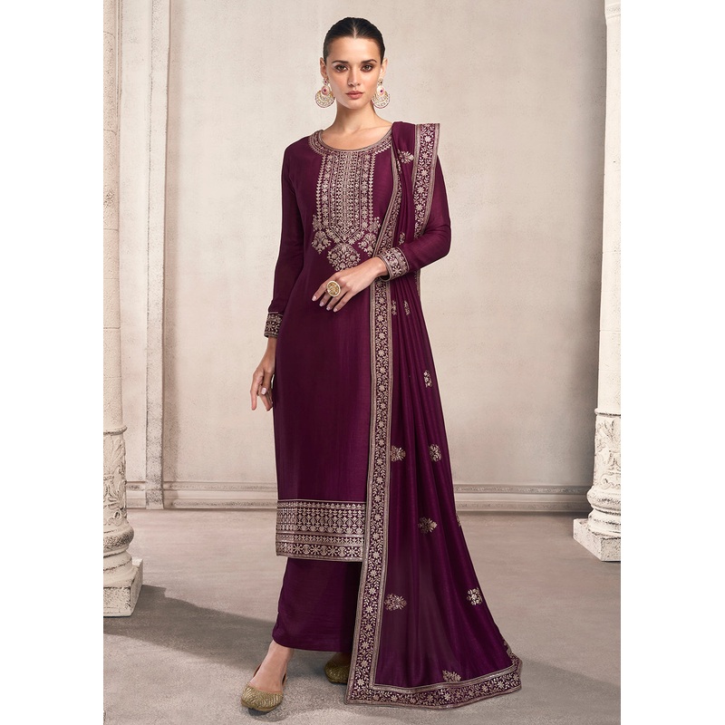 Straight Cut Mulberry Purple Silk Festive Salwar Kameez