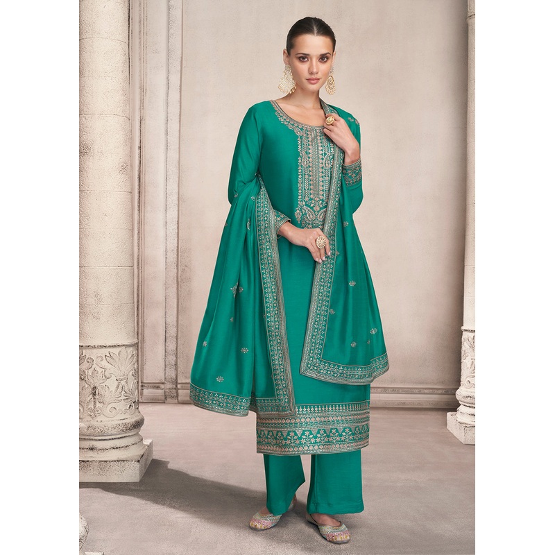 Straight Cut Turquoise Silk Festive Salwar Kameez