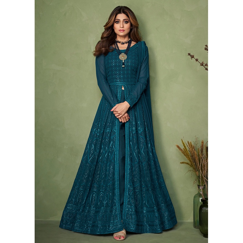 Teal Blue Wedding Party Wear Shamita Shetty Anarkali