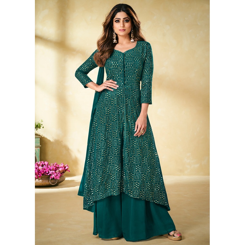 Teal Indian Designer Embroidered Palazzo Suit