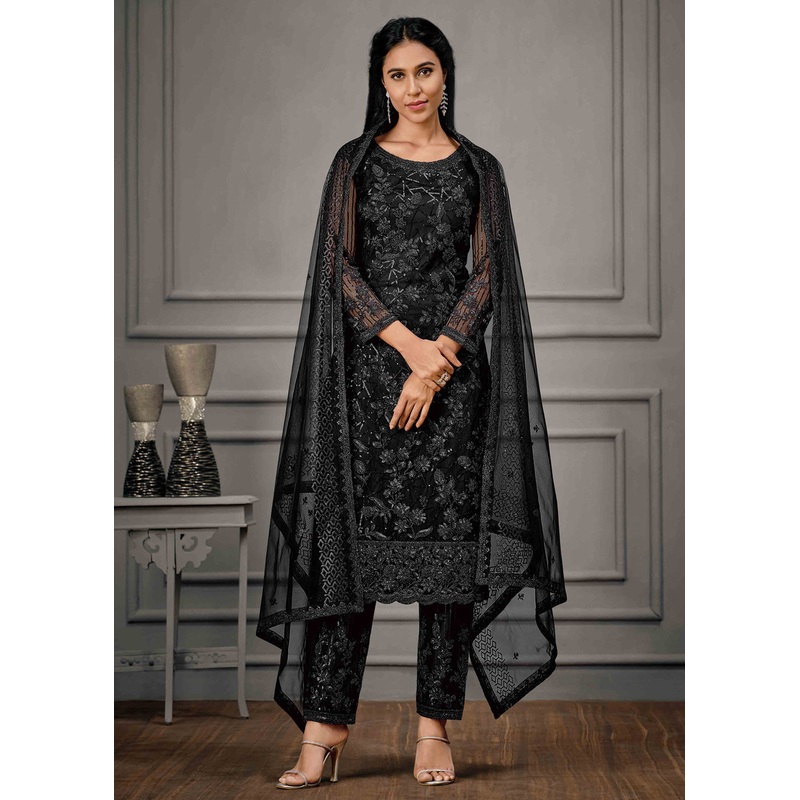 Tempting Black Wedding Wear Net Embroidered Salwar Suit