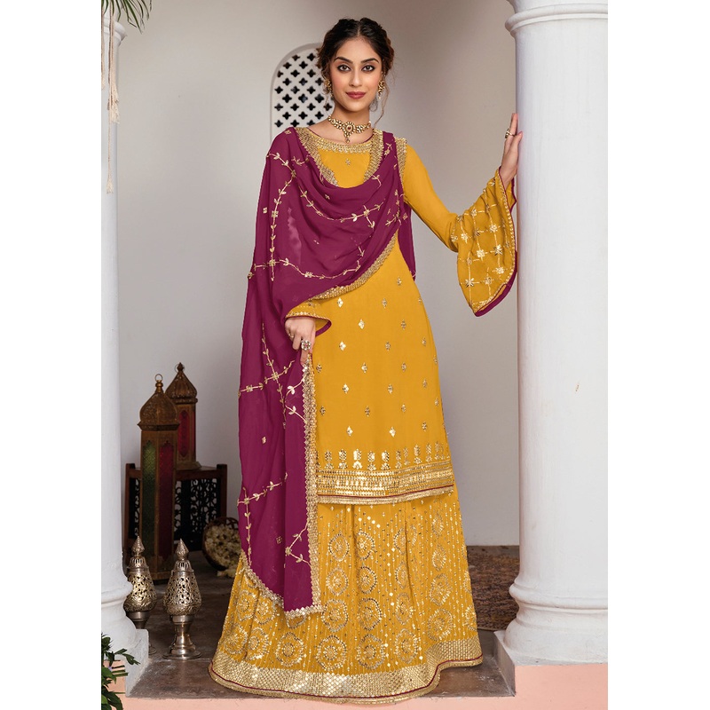 Yellow and Gold Embroidered Designer Sharara Suit