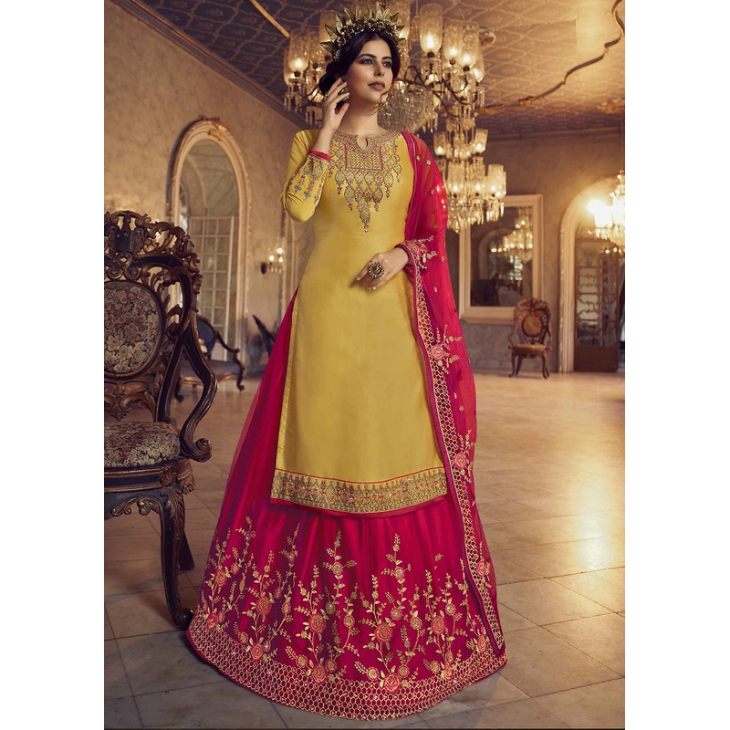 Yellow & Pink Lehenga/Pant Style Trendy Suit