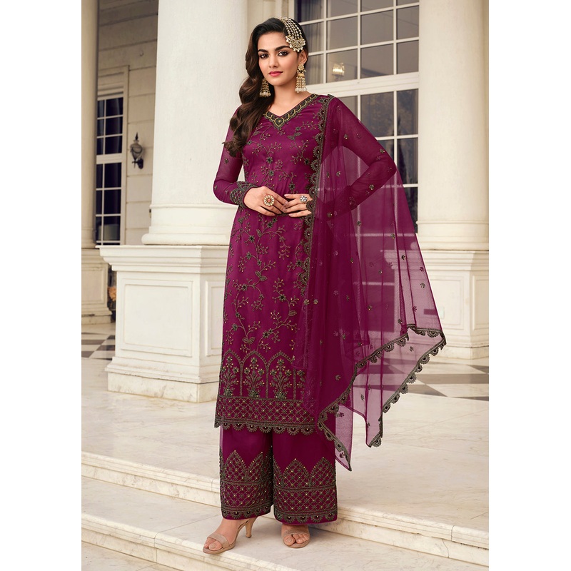 Admirable Wine & Gold Embroidered Pant Style Salwar Suit
