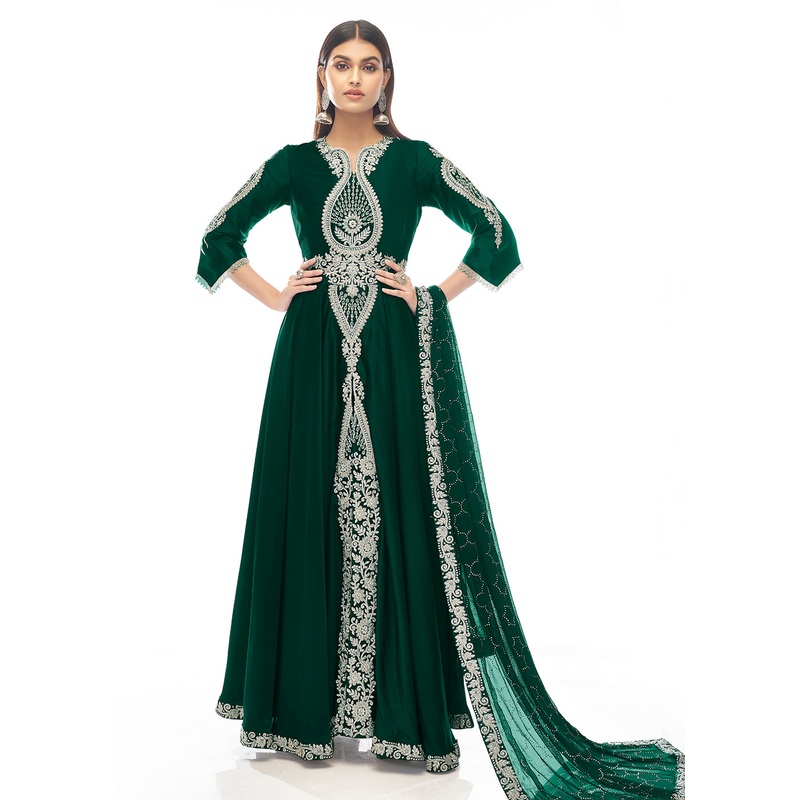 Amazonas Green Jewel Style Work Satin Wedding Anarkali Suit