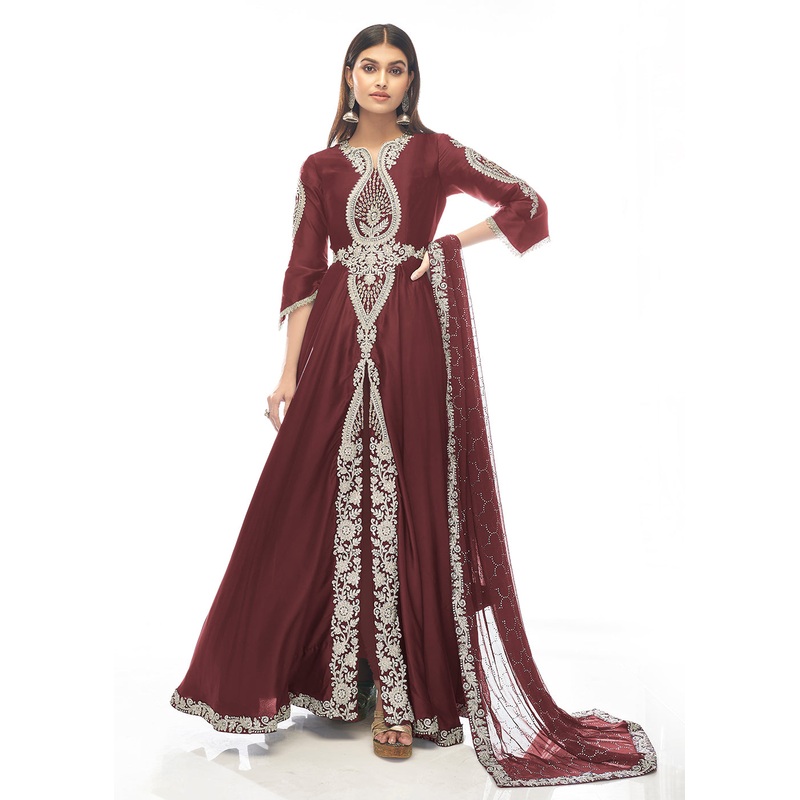 Anger Red Jewel Style Work Satin Wedding Anarkali Suit