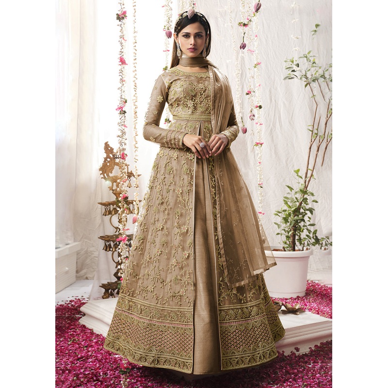 Appealing Chikoo Beige Wedding Festive Floor Length Anarkali Suit
