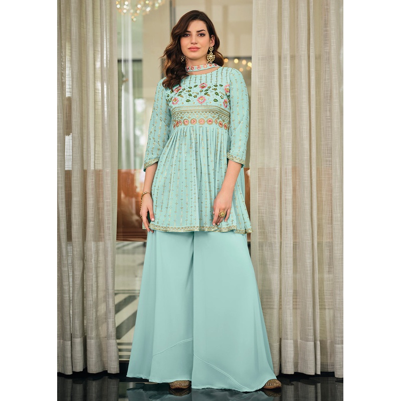 Aqua Blue Festive Wear Georgette Palazzo Salwar Suit