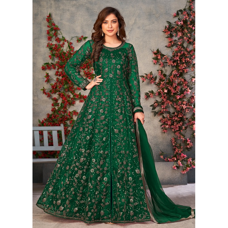Astounding Dark Green Wedding Function Pant Style Anarkali Suit