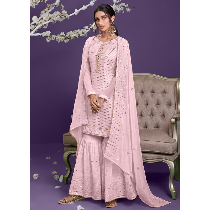 Barbie Pink Khatli Work Embroidered Georgette Sharara Suit