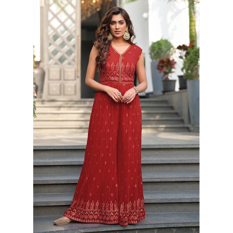 Beautiful Red Indo-Western Embroidered Chinon Jumpsuit