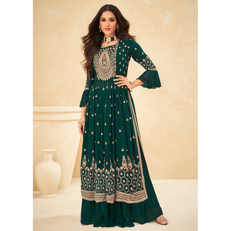 Beautifully Embroidered Dark Green Festive Palazzo Suit