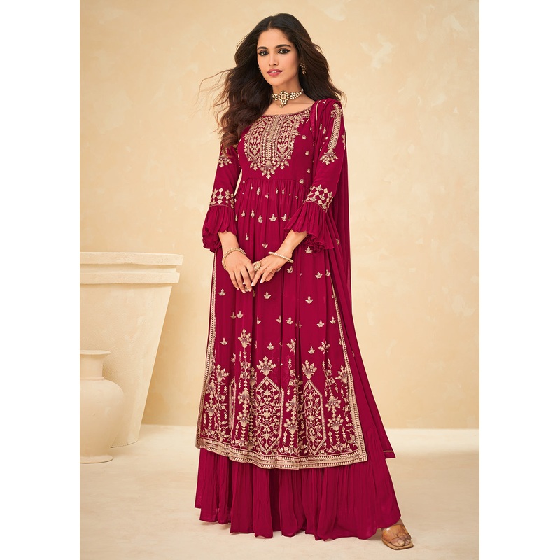 Beautifully Embroidered Hot Pink Festive Palazzo Suit