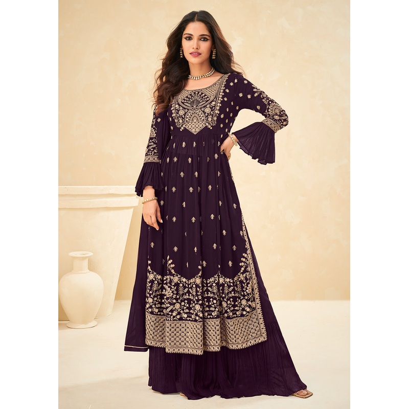 Beautifully Embroidered Plum Purple Festive Palazzo Suit