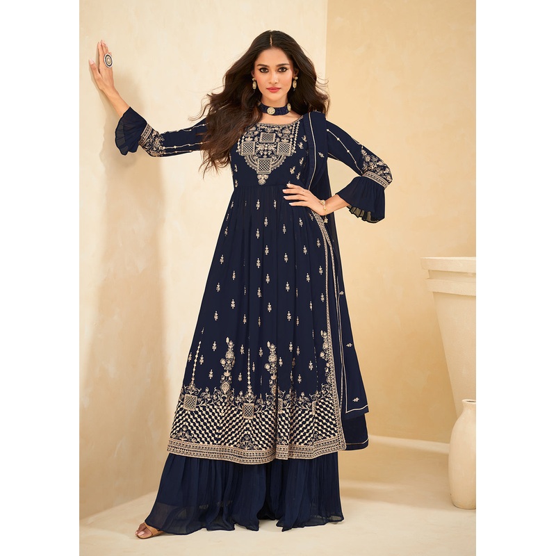Beautifully Embroidered Stunning Blue Festive Palazzo Suit