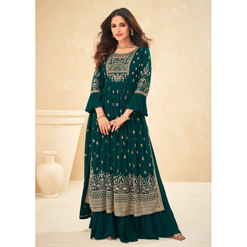Beautifully Embroidered Teal Green Festive Palazzo Suit