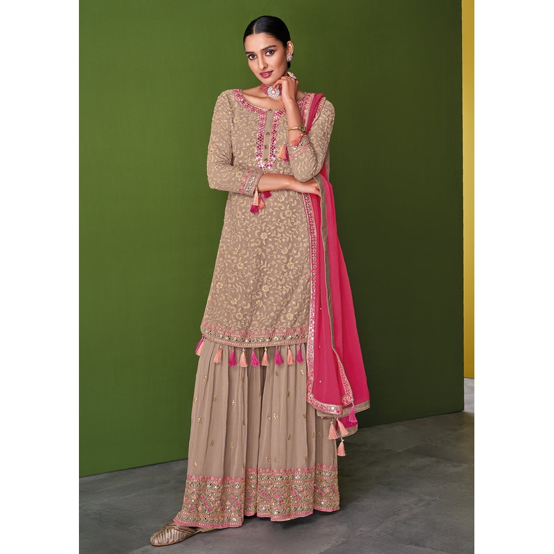 Beige Mauve Beautifully Embroidered Festive Palazzo Suit