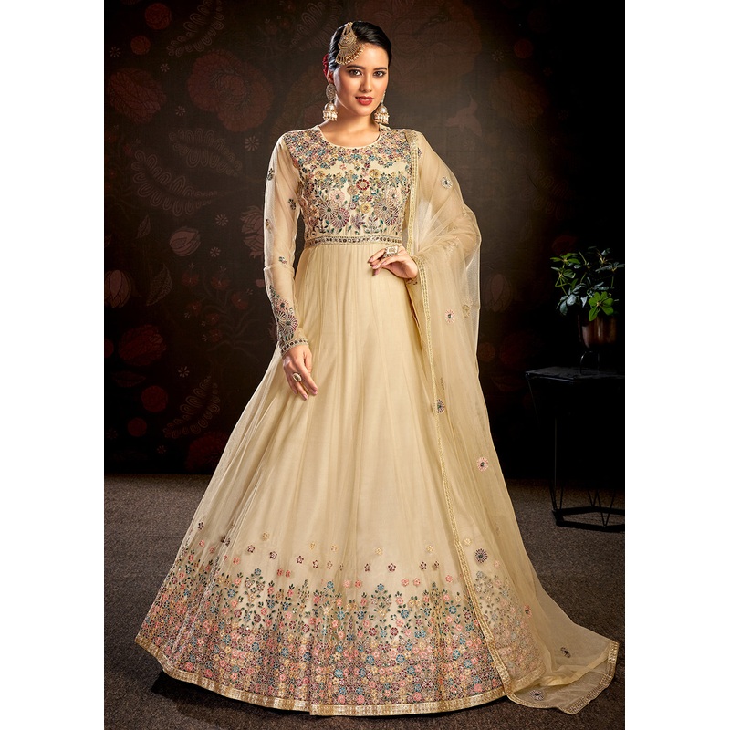 Beige Sparkly Net Embroidered Designer Anarkali Suit