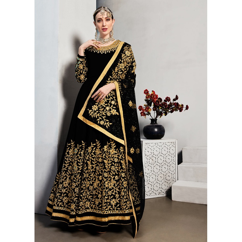 Black Stone & Mirror Work Embroidered Anarkali Suit