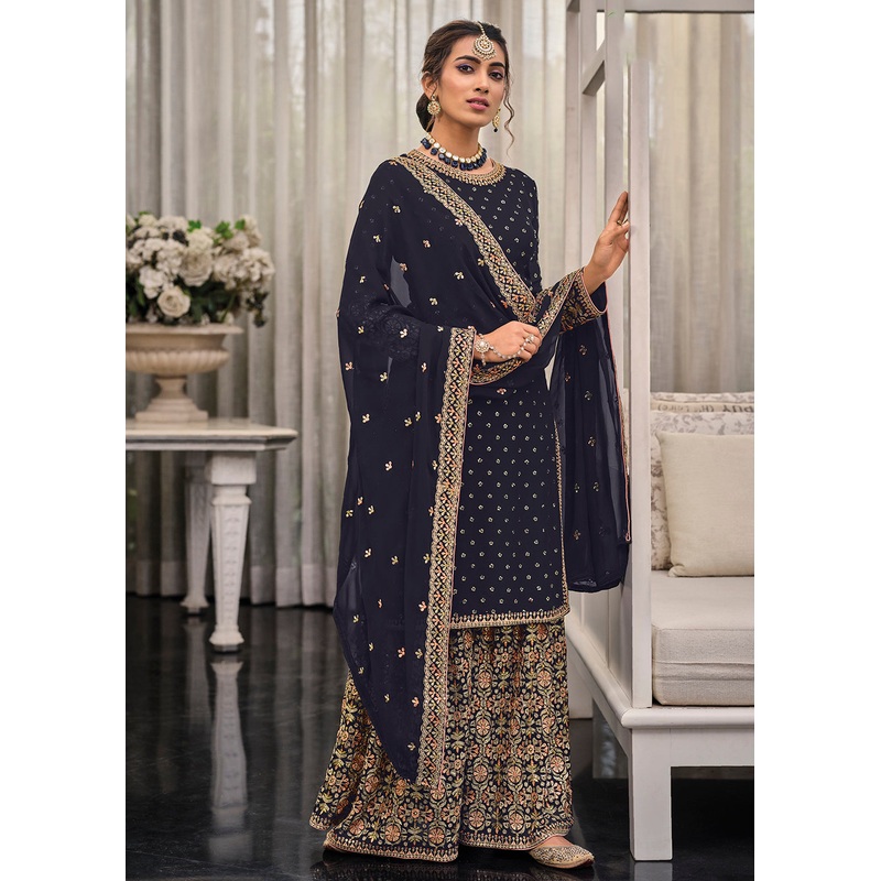 Blue Chinon & Georgette Designer Palazzo Salwar Suit