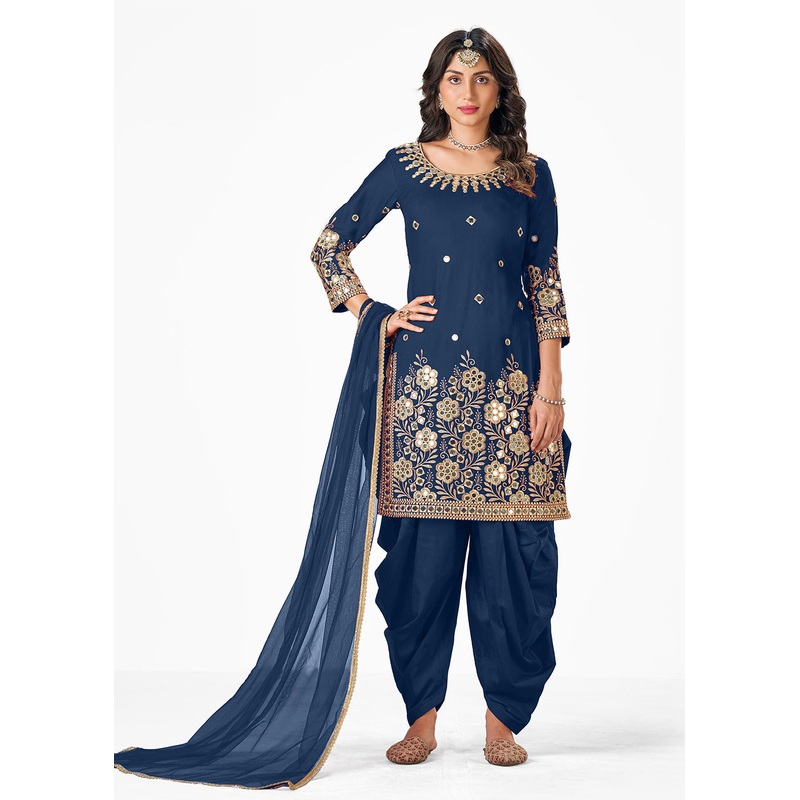 Blue Patiala Style Silk Embroidered Punjabi Salwar Suit