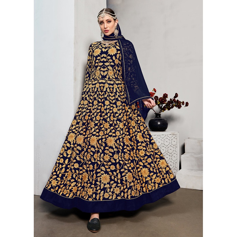 Blue Stone & Mirror Work Embroidered Anarkali Suit