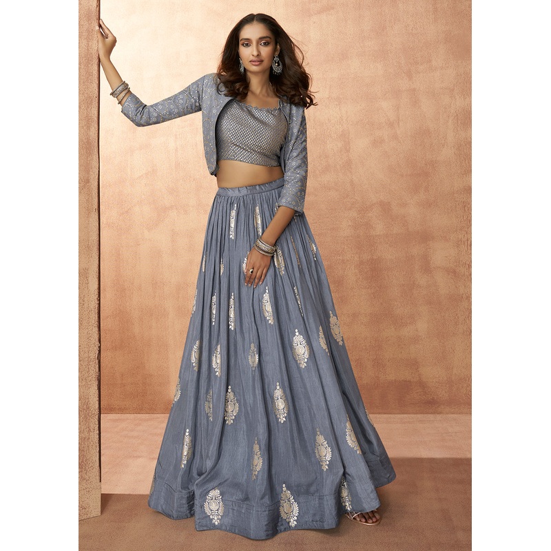 Bluish Grey Dola Silk Party Wear Lehenga Choli with Jacket