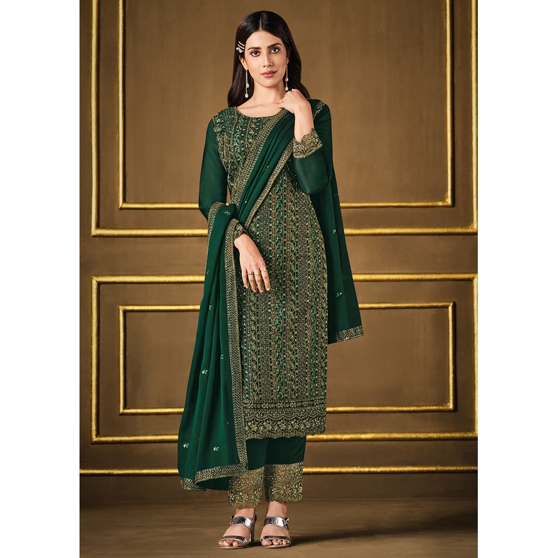 Bottle Green Two Tone Georgette Party Wear Salwar Suit