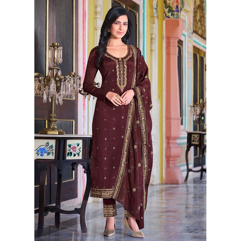 Brownish Maroon Pakistani Pant Style Chinnon Salwar Suit