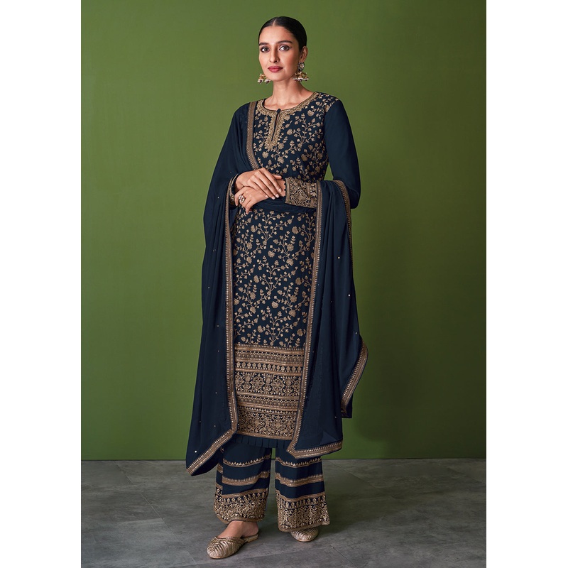 Charming Blue Beautifully Embroidered Festive Palazzo Suit