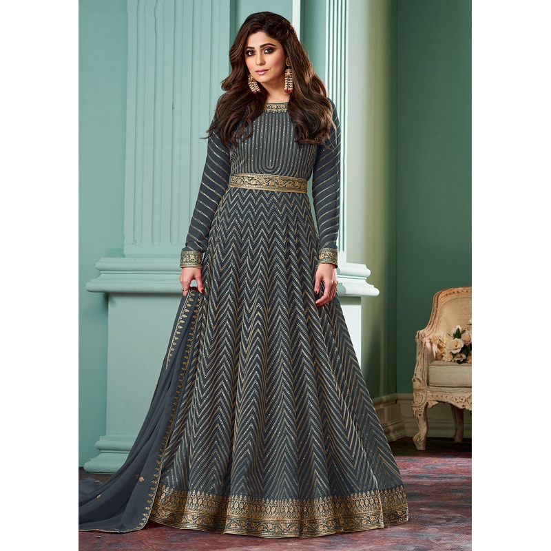 Classy Grey Belt Style Anarkali Featuring Shamita Shetty