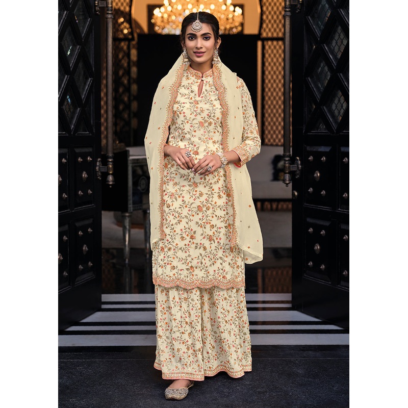 Cream Chinon & Georgette Designer Palazzo Salwar Suit