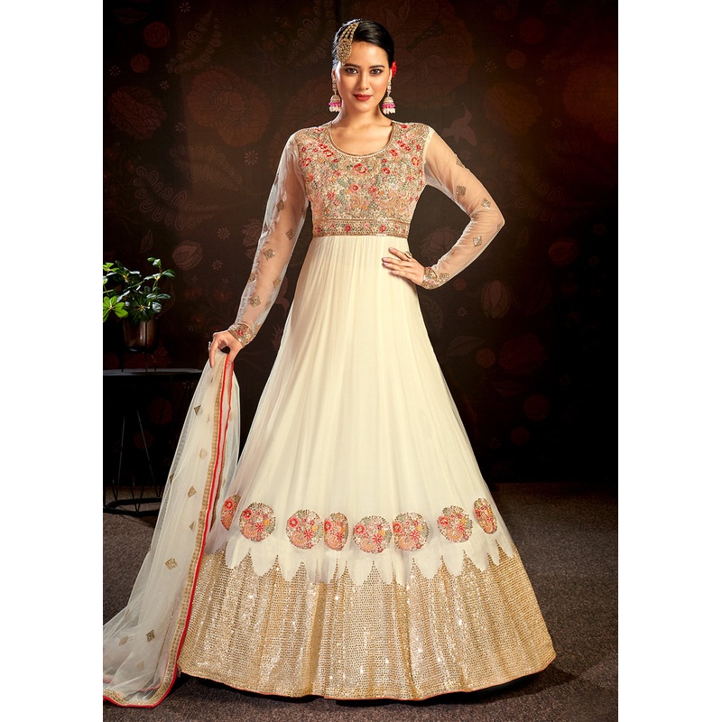 Cream Sparkly Net Embroidered Designer Anarkali Suit