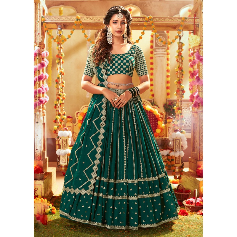 Dark Green Sparkling Sequins Georgette Wedding Lehenga Choli