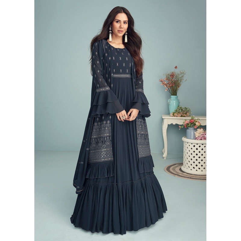 Deep Navy Blue Georgette Embellished Wedding Anarkali Suit