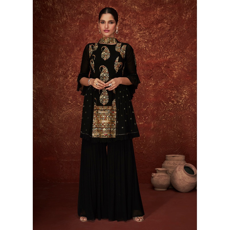 Designer Black Peplum Style with Tiered Sharara Suit for Wedding