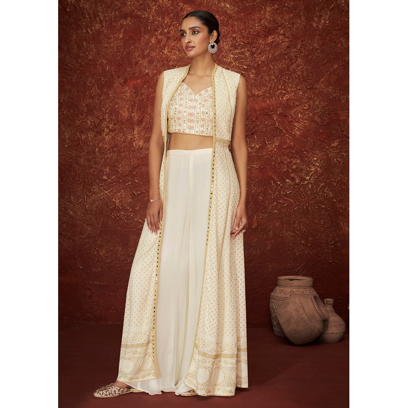 Designer Pearl White Crop Top Wedding Palazzo Suit With Shrug