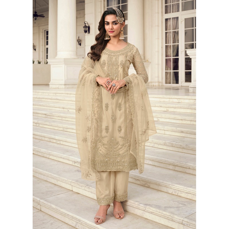 Divine Off White & Gold Embroidered Pant Style Salwar Suit