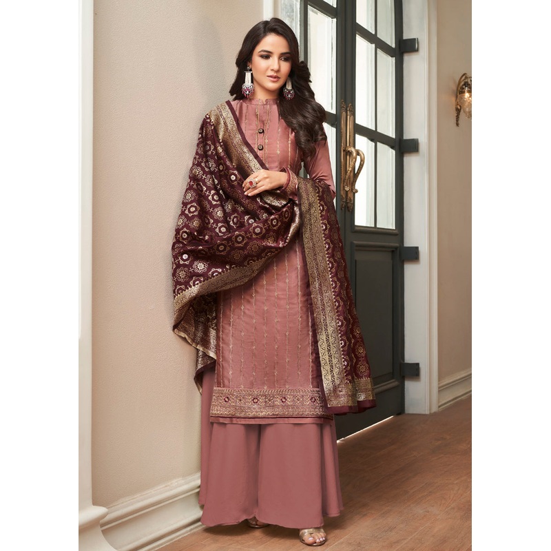 Dusky Pink Traditional Silk Embroidered Palazzo Salwar Suit