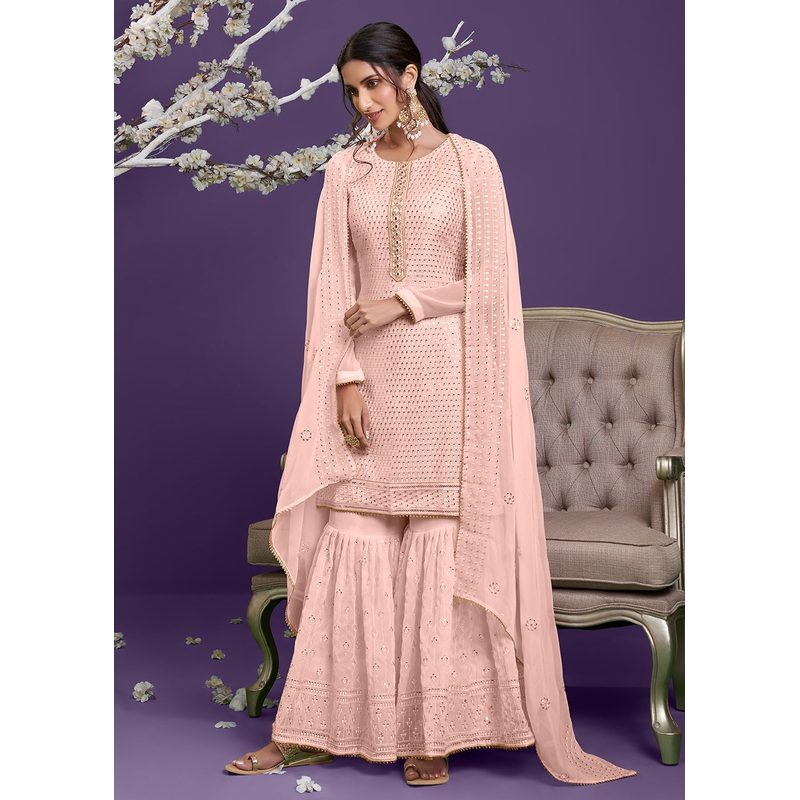 Dusty Peach Khatli Work Embroidered Georgette Sharara Suit