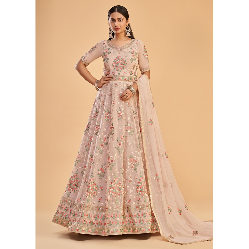 Dusty Pink Multi Thread Embroidered Georgette Anarkali Gown