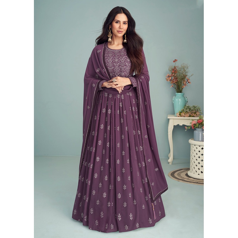 Dusty Purple Georgette Embellished Wedding Anarkali Suit