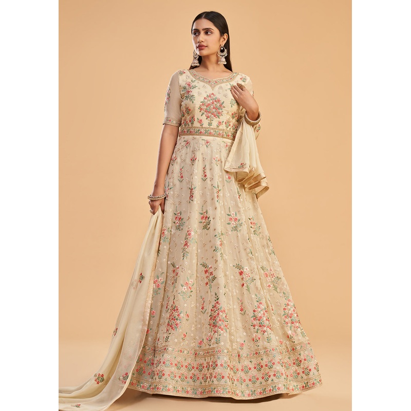 Dusty Yellow Multi Thread Embroidered Georgette Anarkali Gown