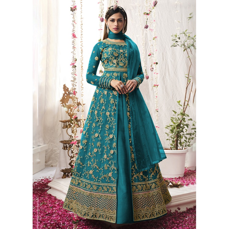 Engaging Cyan Blue Wedding Festive Floor Length Anarkali Suit