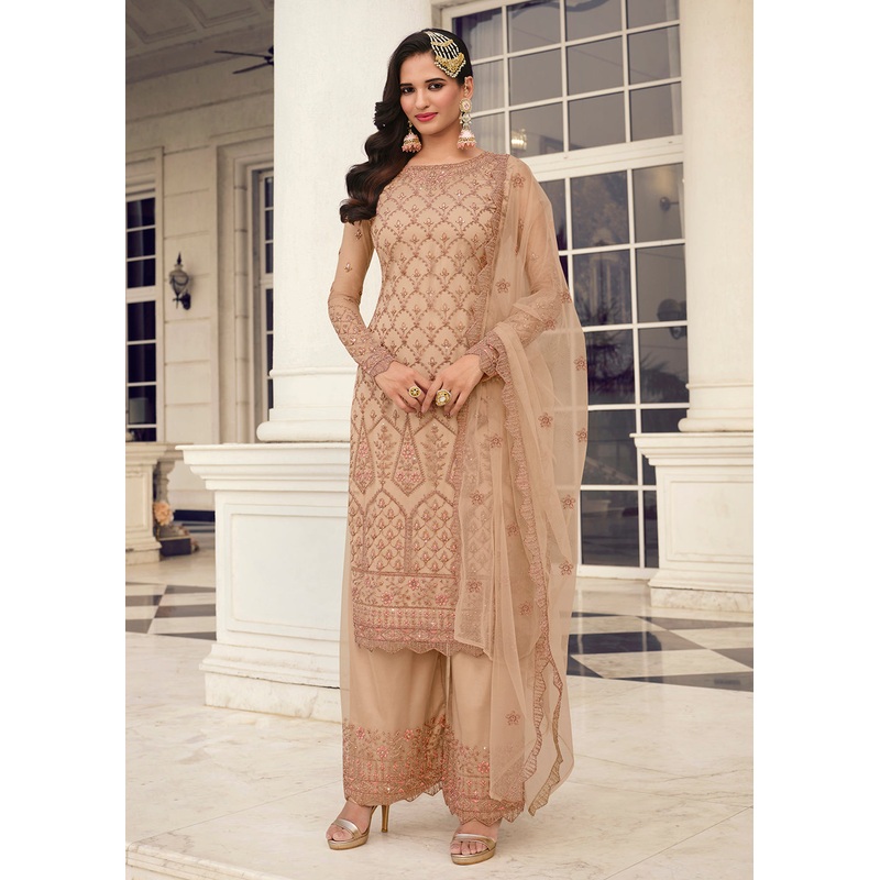 Fetching Beige & Gold Embroidered Pant Style Salwar Suit