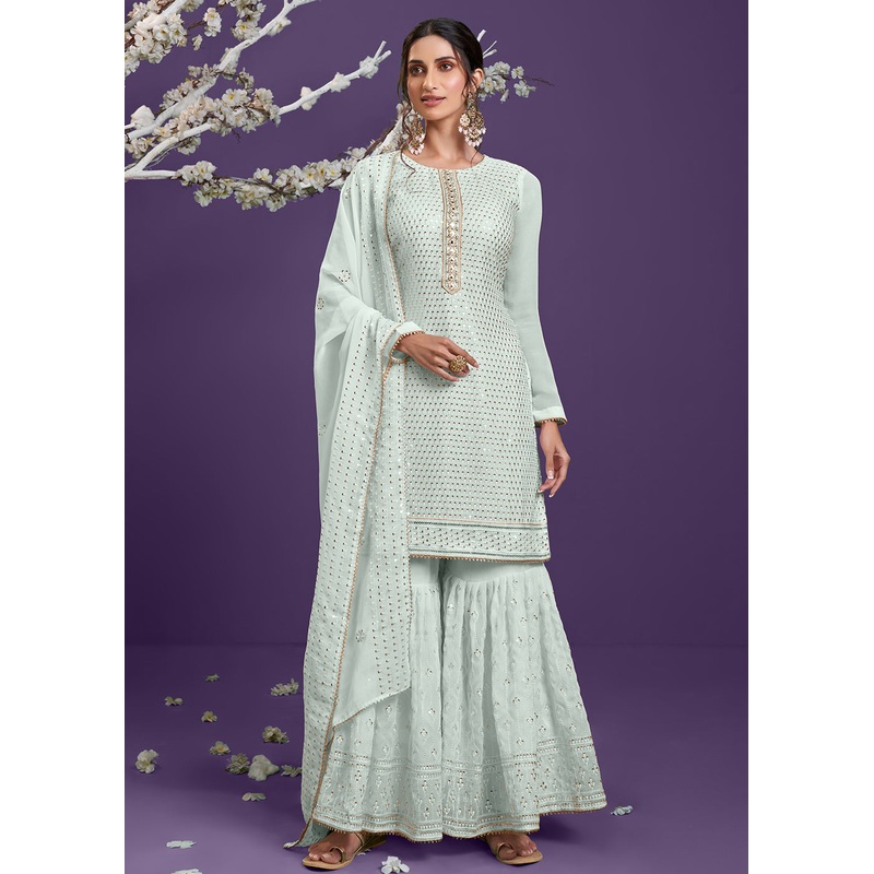 Firozi Blue Khatli Work Embroidered Georgette Sharara Suit