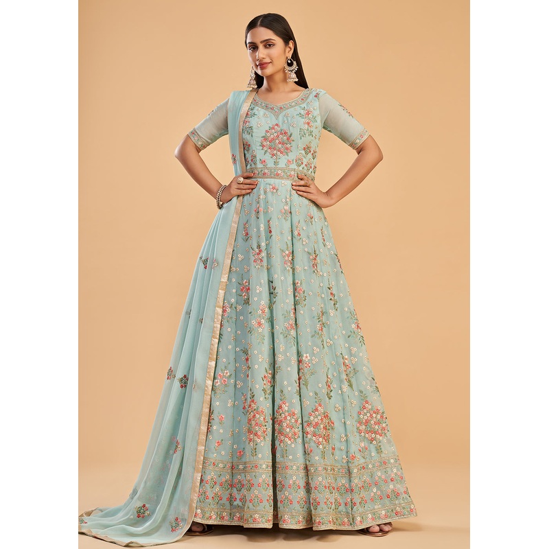 Firozi Blue Multi Thread Embroidered Georgette Anarkali Gown